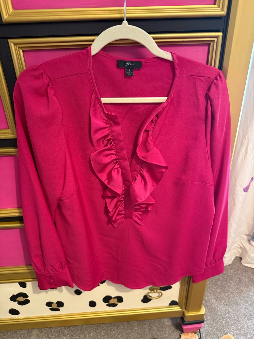 J. Crew Ruffle V-Neck Blouse - Hot Fuchsia